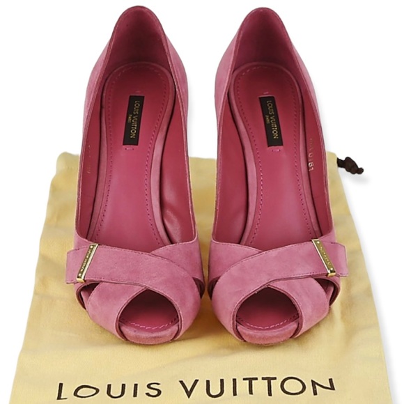 LOUIS VUITTON Pumps Pink Suede Crisscross Peep Toe Stiletto Heels Size 38.5 - Picture 16 of 16